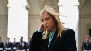 (FILES) In this file photo taken on April 05, 2023 Italy's Prime Minister, Giorgia Meloni waits for the arrival of her Spanish counterpart  on April 5, 2023 for their meeting at Palazzo Chigi in Rome. - Six months after taking the helm of Italy's most right-wing government since World War II, Giorgia Meloni has talked tough on domestic issues but internationally has been careful not to rock the boat. (Photo by Andreas SOLARO / AFP)