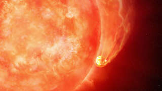 **** EMBARGO 17.00 PARIS TIME ****
A handout artist impression released by NSF's NOIRLab on May 3, 2023, shows a star devouring one of its planets as astronomers, using the Gemini South telescope in Chile, operated by NSF’s NOIRLab, have observed the first compelling evidence of a dying Sun-like star engulfing an exoplanet. - The “smoking gun” of this event was seen in a long and low-energy outburst from the star — the telltale signature of a planet skimming along a star’s surface. This never-before-seen process may herald the ultimate fate of Earth when our own Sun nears the end of its life in about five billion years. (Photo by Handout / NSF's NOIRLab / AFP) / -----EDITORS NOTE --- RESTRICTED TO EDITORIAL USE - MANDATORY CREDIT 