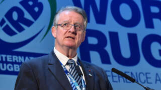 (FILES) International Rugby Board (IRB) Chairman Bernard Lapasset delivers a welcoming speech on the first day of the IRB World Rugby ConfEX in central London on November 17, 2014. - The former president of the French Rugby Federation (FRR) Bernard Lapasset died on May 2, 2023 the FFR told AFP. (Photo by Ben STANSALL / AFP)