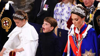 (From L) Britain's Prince William, Prince of Wales, Princess Charlotte, Prince Louis and Britain's Catherine, Princess of Wales attend the coronations of Britain's King Charles III and Britain's Camilla, Queen Consort at Westminster Abbey in central London on May 6, 2023. - The set-piece coronation is the first in Britain in 70 years, and only the second in history to be televised. Charles will be the 40th reigning monarch to be crowned at the central London church since King William I in 1066. Outside the UK, he is also king of 14 other Commonwealth countries, including Australia, Canada and New Zealand. Camilla, his second wife, will be crowned queen alongside him, and be known as Queen Camilla after the ceremony. (Photo by Yui Mok / POOL / AFP)