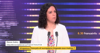 Manon Aubry, eurodéputée LFI, sur le plateau de franceinfo ce lundi 8 mai.