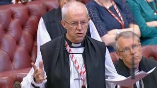 A video grab from footage broadcast by the UK Parliament's Parliamentary Recording Unit (PRU) shows Archbishop of Canterbury Justin Welby speaking during the second reading of the Government's Illegal Immigration Bill, in the House of Lords in London on May 10, 2023. The Church of England's most senior cleric, Justin Welby, on Wednesday renewed his attacks on the UK government's highly contentious plans to send asylum-seekers to Rwanda, branding them 