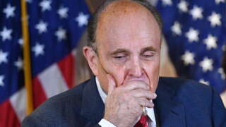(FILES) Trump's personal lawyer Rudy Giuliani speaks during a press conference at the Republican National Committee headquarters in Washington, DC, on November 19, 2020. On May 15, 2023 a former associate of Rudy Giuliani sued the ex-New York mayor for $10 million, alleging he subjected her to 