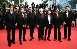 (From L) Spanish actor Manu Rios, Spanish actor Jason Fernandez, US actor and writer, Ethan Hawke, Spanish film director Pedro Almodovar, Italian designer Anthony Vaccarello, Portuguese actor Jose Condessa and actor George Steane arrive for the screening of the film 