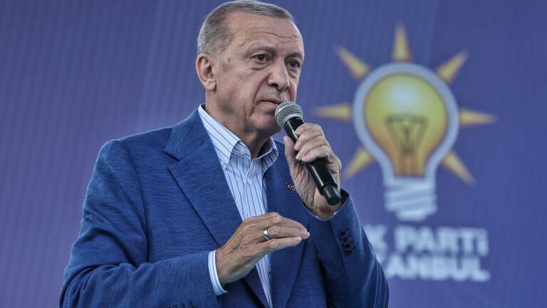 ISTANBUL, TURKIYE- MAY 26: President Recep Tayyip Erdoğan, who met with the citizens within the scope of the election activities before May 28, spoke at the Esenler rally on May 26, 2023 in Istanbul, Türkiye. (Photo by Ozan Guzelce/ dia images via Getty Images)