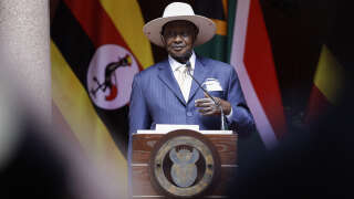 Ugandan President Yoweri Museveni speaks during a press conference after a meeting with South African President Cyril Ramaphosa (not seen) at the Union Buildings in Pretoria on February 28, 2023. (Photo by GUILLEM SARTORIO / AFP)