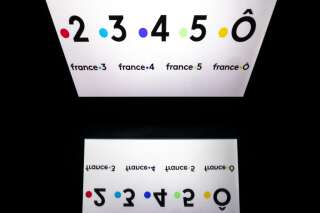 (FILES) This illustration picture taken on March 26, 2019 shows (fromL) the 5 logos of the French public television channels, 