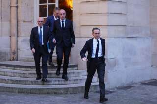 President of the French right-wing party Les Republicains (LR) and member of Parliament Eric Ciotti (L), President of the parliamentary group of LR in the National Assembly Olivier Marleix (C) and President of the parliamentary group of the LR party in the French Senate Bruno Retailleau (R) leave after a meeting with the French Prime Minister at the Matignon Hotel in Paris on April 5, 2023. (Photo by Thomas SAMSON / AFP)