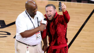 MIAMI, FLORIDA - JUNE 09: Conor McGregor is seen on the court during a timeout in Game Four of the 2023 NBA Finals between the Denver Nuggets and the Miami Heat at Kaseya Center on June 09, 2023 in Miami, Florida. NOTE TO USER: User expressly acknowledges and agrees that, by downloading and or using this photograph, User is consenting to the terms and conditions of the Getty Images License Agreement.   Megan Briggs/Getty Images/AFP (Photo by Megan Briggs / GETTY IMAGES NORTH AMERICA / Getty Images via AFP)