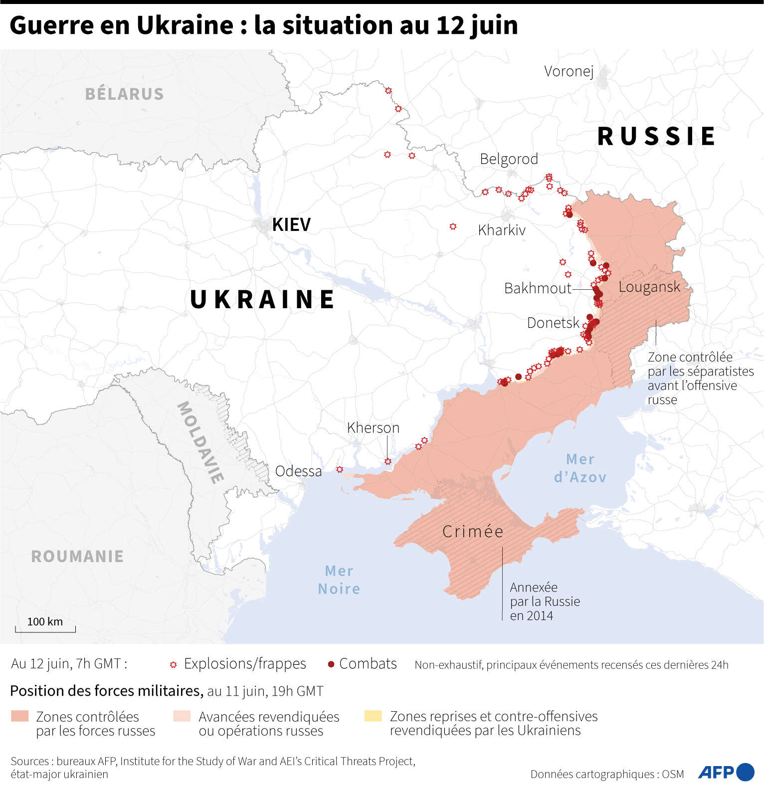 Carte représentant les principales zones de combats sur les fronts Est et Sud de l’Ukraine, où Kiev a revendiqué la reconquête de plusieurs villages dans l’oblast de Donetsk depuis dimanche 11 juin.