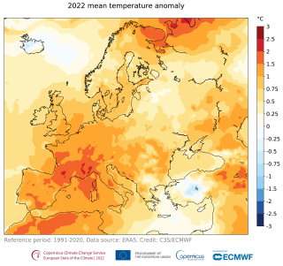 Anomalie de la température moyenne de l’air en surface pour 2022, par rapport à la période de référence 1991-2020. Source des données : ERA5. Crédit : C3S/ECMWF.