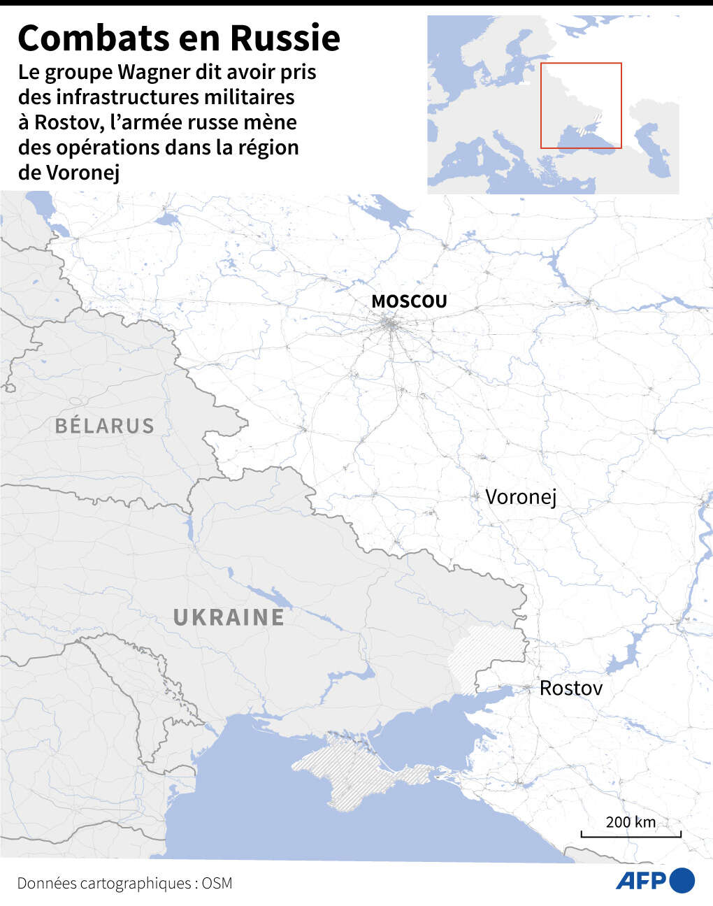 Carte de l’ouest de la Russie, avec Rostov, Voronej et Moscou.