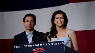 Casey DeSantis, Florida's first lady, speaks during a campaign kickoff event for Florida Governor Ron DeSantis, left, in Clive, Iowa, US, on Tuesday, May 30, 2023. DeSantis is kicking off his 2024 Republican presidential campaign this week with trips to early voting states where he must prove that he can engage in the retail politics necessary to attract primary voters. Photographer: Al Drago/Bloomberg via Getty Images