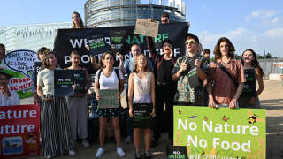 Swedish climate campaigner Greta Thunberg (C) speaks as she takes part in a demonstration with activists in favor of the nature restoration law in front of the European Parliament, in Strasbourg, eastern France, on July 11, 2023. The European Parliament will hold a vote July 12, 2023 on a key biodiversity bill that some MEPs say has fallen victim to electioneering. (Photo by FREDERICK FLORIN / AFP)