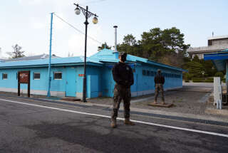 15 April 2023, South Korea, Joint Security Area: US soldiers stand in the Joint Security Area (JSA), the demilitarized zone between North and South Korea.  After the three-year Korean War, a four-kilometer Demilitarized Zone (DMZ) was established by an armistice agreement in July 1953, marking a 248-kilometer border between the two countries.  A cease-fire agreement was signed at one of the Blue Legions at headquarters in the JSA.  Image: Soren Stach/dpa (Photo by Soren Stach/Image Alliance via Getty Images)