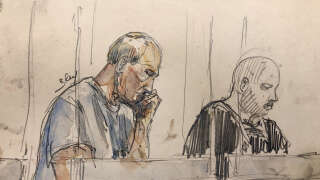 This courtroom sketch created on June 20, 2023 shows Jean-Marc Reiser (L), accused of murdering student Sophie Le Tan in 2018, during the first day of his appeal trial, at the Appeal Court in Colmar, eastern France. Jean-Marc Reiser was sentenced to life imprisonment in the first trial. (Photo by Benoit PEYRUCQ / AFP) / ----IMAGE RESTRICTED TO EDITORIAL USE - STRICTLY NO COMMERCIAL USE-----