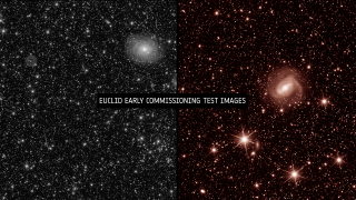 Images test d’Euclid, le télésecope de l’ESA. Celle à gauche a été prise avec un imageur observant en lumière visible (VIS) et celle à droite avec un spectromètre observant dans l’infrarouge proche (NISP)