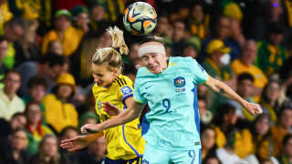 Australia's forward #09 Caitlin Foord and Sweden's defender #14 Nathalie Bjorn fight for the ball during the Australia and New Zealand 2023 Women's World Cup third place play-off football match between Sweden and Australia at Brisbane Stadium in Brisbane on August 19, 2023. (Photo by Patrick Hamilton / AFP)