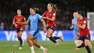 England's forward #07 Lauren James (2L) runs with the ball during the Australia and New Zealand 2023 Women's World Cup final football match between Spain and England at Stadium Australia in Sydney on August 20, 2023. (Photo by Izhar KHAN / AFP)