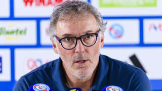 STRASBOURG, FRANCE - AUGUST 13: Olympique Lyon Head Coach Laurent Blanc talks during the press conference after the Ligue 1 Uber Eats match between RC Strasbourg and Olympique Lyon at Stade de la Meinau on August 13, 2023 in Strasbourg, France. (Photo by Marcio Machado/Eurasia Sport Images/Getty Images)