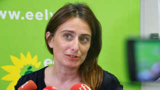 Europe-Ecologie-Les Verts (EELV) French ecologist party's National Secretary Marine Tondelier answers journalists' questions during a press conference to present the weekend's votes and to announce the party's lead candidate for the upcoming European Elections at the party's headquarters in Paris on July 10, 2023. Marie Toussaint has been named as the head of the ecologist list in the upcoming European elections 2024. The 2024 European Parliament election is scheduled to be held on 6 to 9 June 2024. (Photo by Ludovic MARIN / AFP)