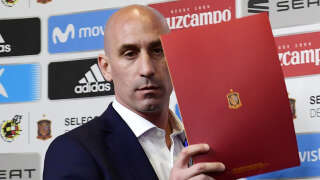 (FILES) President of the Spanish Football Federation, Luis Rubiales, arrives for a press conference at Krasnodar Academy on June 13, 2018, ahead of the Russia 2018 World Cup football tournament. Spanish football federation chief Luis Rubiales' apology for kissing star player Jenni Hermoso on the lips after Spain won the Women's World Cup is 