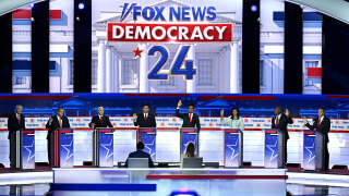 (From L) Former Governor of Arkansas Asa Hutchinson, former Governor of New Jersey Chris Christie, former US Vice President Mike Pence, Florida Governor Ron DeSantis, entrepreneur and author Vivek Ramaswamy, former Governor from South Carolina and UN ambassador Nikki Haley, US Senator from South Carolina Tim Scott and North Dakota Governor Doug Burgum, take part in the first Republican Presidential primary debate at the Fiserv Forum in Milwaukee, Wisconsin, on August 23, 2023. Candidates were asked to raise their hands if they would support former US president Donald Trump as the Republican presidential candidate if he were to be convicted of crimes for which he has been indicted. (Photo by Brendan SMIALOWSKI / AFP)
