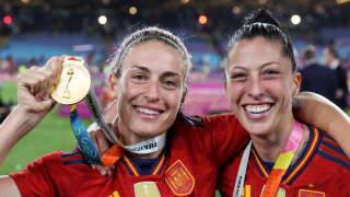 Spain's midfielder #11 Alexia Putellas (L) and Spain's midfielder #10 Jennifer Hermoso celebrate their victory during the Australia and New Zealand 2023 Women's World Cup final football match between Spain and England at Stadium Australia in Sydney on August 20, 2023. (Photo by FRANCK FIFE / AFP)
