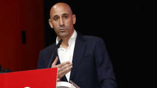 In this handout image released by the Spanish Royal Football Federation (RFEF) on August 25, 2023, RFEF President Luis Rubiales delivers a speech during an extraordinary general assembly of the federation on August 25, 2023 in Las Rozas de Madrid. (Photo by Eidan RUBIO / RFEF / AFP) / RESTRICTED TO EDITORIAL USE - MANDATORY CREDIT 