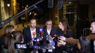 (L-R) Political leaders of the leftist party Manuel Bompard, Olivier Faure and Marine Tondelier speak to the medias after a 12 hours meeting with French President Emmanuel Macron during the the 