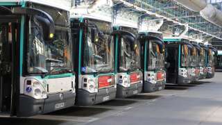 RATP buses are parked at an RATP facility amid the crisis linked with the Covid-19 pandemic caused by the novel coronavirus, on September 2, 2020, in Paris. (Photo by Ludovic MARIN / AFP)