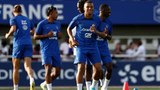 France's forward Kylian Mbappe (C) takes part in a training session as part of the team's preparation for upcoming UEFA Euro 2024 football tournament qualifying matches in Clairefontaine-en-Yvelines on September 5, 2023. France will play against Ireland on September 7, 2023, in the Group B of Euro 2024 qualifiers. (Photo by FRANCK FIFE / AFP)