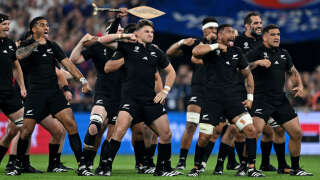 PARIS, FRANCE - SEPTEMBER 08: The players of New Zealand perform the Haka prior to the Rugby World Cup France 2023 Pool A match between France and New Zealand at Stade de France on September 08, 2023 in Paris, France. (Photo by Hannah Peters/Getty Images)