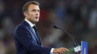 Emmanuel Macron lors de son discours au Stade de France le 8 septembre pour l’ouverture de la Coupe du monde de rugby.