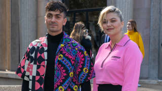 PARIS, FRANCE - OCTOBER 05: (L-R) Florian Rossi and Louane Emera attend the Miu Miu  Womenswear Spring/Summer 2022 show as part of Paris Fashion Week on October 05, 2021 in Paris, France. (Photo by Marc Piasecki/WireImage)