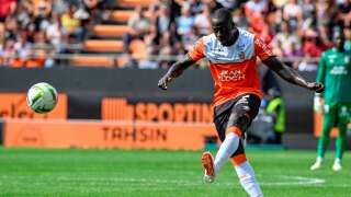Lorient's French defender #05 Benjamin Mendy kicks the ball during the French L1 football match between FC Lorient and AS Monaco at Stade du Moustoir in Lorient, western France on September 17, 2023. (Photo by Damien Meyer / AFP)