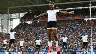 SAINT-ETIENNE, FRANCE - SEPTEMBER 17: Waisea Nayacalevu of Fiji leads his teammates as players of of Fiji perform the Cibi prior to the Rugby World Cup France 2023 match between Australia and Fiji at Stade Geoffroy-Guichard on September 17, 2023 in Saint-Etienne, France. (Photo by World Rugby/World Rugby via Getty Images)