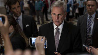 WASHINGTON, DC - OCTOBER 02: U.S. Speaker of the House Kevin McCarthy (R-CA) talks to reporters inside the U.S. Capitol Building on October 02, 2023 in Washington, DC. Earlier today Rep. Matt Gaetz (R-FL) spoke on the House floor and said that later this week he will introduce a motion to vacate McCarthy following an agreement over the weekend to avert a partial shutdown of the federal government.   Anna Moneymaker/Getty Images/AFP (Photo by Anna Moneymaker / GETTY IMAGES NORTH AMERICA / Getty Images via AFP)