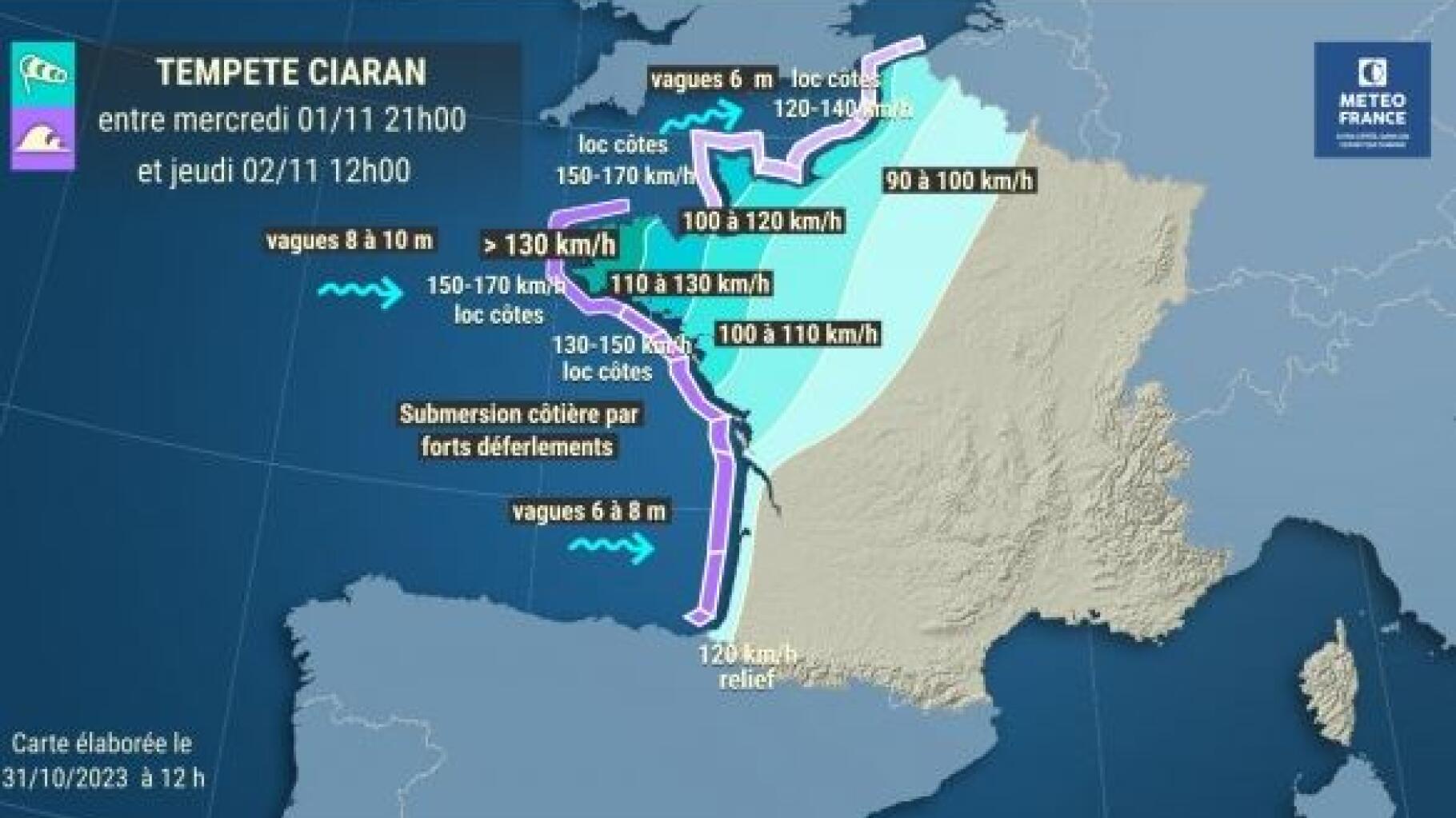   Météo : la Tempête Ciaran va déferler sur tout l’ouest de la France avec des vagues-submersion et du vent à 170km/h  