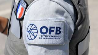 Un brassard de l’OFB, l’Office français de la biodiversité, au bras d’un agent de la police de l’environnement.