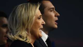 Photo d’illustration de Jordan Bardella et Marine Le Pen 
 le 3 mars 2024 à Marseille pour le lancement de la campagne européenne du RN. 