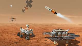Illustration de la Nasa montrant différents robots faisant équipe pour transporter des échantillons de Mars vers la Terre.