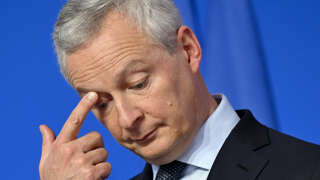 France's Minister for Economy and Finances Bruno Le Maire gestures during a press conference following a trilateral meeting on the European industrial policy in Meudon, outside Paris on April 8, 2024. Since March 2017, France, Germany and Italy have initiated trilateral cooperation to promote the digitisation of the manufacturing sector and to support the European Union's efforts in this area. (Photo by Bertrand GUAY / AFP)
