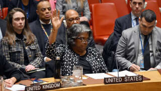 US Ambassador to the UN Linda Thomas-Greenfield casts a veto vote during a UN Security Council meeting on the Israel-Hamas war, at UN Headquarters in New York City on February 20, 2024. The US vetoed a UN Security Council resolution on Tuesday that called for an immediate ceasefire in Gaza, even as President Joe Biden faced mounting pressure to dial back support for Israel. (Photo by ANGELA WEISS / AFP)