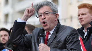 French left-wing party La France Insoumise (LFI) leader Jean-Luc Melenchon delivers a speech during a conference rue d'Arras, in Lille, northern France, on April 18, 2024, after their controversial conference on Palestine was again banned, which the LFI leader denounced as 