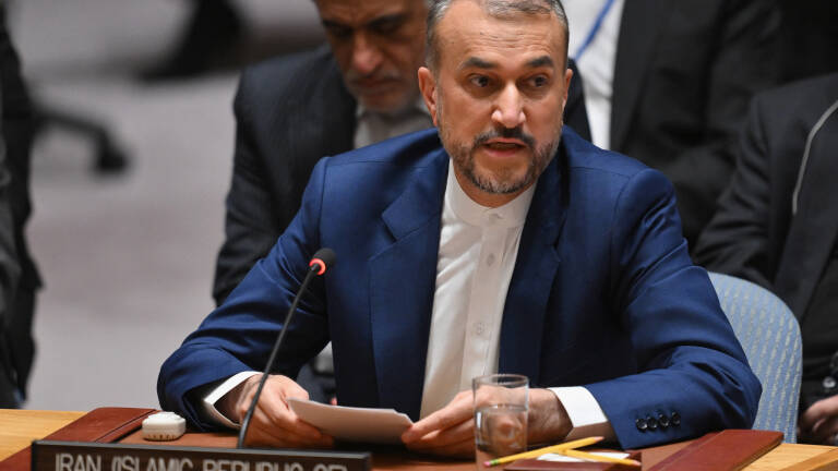 Iran’s Foreign Minister Hossein Amir-Abdollahian speaks during a UN Security Council meeting on the situation in the Middle East, including the Palestinian question, at UN headquarters in New York City on April 18, 2024. Amir-Abdollahian on Thursday warned that Tehran would make Israel 