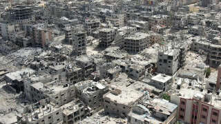Aerial view of destroyed buildings in Khan Yunis, southern Gaza Strip, on April 22.