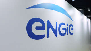 Logo of French multinational electric utility company Engie is seen during the Actionaria shareholders fair in Paris on November 18, 2016. (Photo by ERIC PIERMONT / AFP)