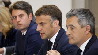 France's President Emmanuel Macron (2ndR) chairs a meeting with elected officials of French Indian Ocean island of Mayotte next to France's Prime Minister Gabriel Attal (3rdR) and France's Minister for Interior and Overseas Gerald Darmanin (R) at the presidential Elysee Palace in Paris on May 17, 2024. Mayotte, a French island in the Indian Ocean, on April 26, 2024 reported its first locally acquired cases of cholera, in addition to 10 imported cases detected over the past month. (Photo by Ludovic MARIN / POOL / AFP)