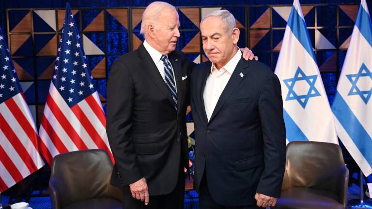 US President Joe Biden meets Israeli Prime Minster Benjamin Netanyahu as he arrives in Tel Aviv, Israel, on Wednesday Oct 18, 2023 to express his solidarity and discuss war plans with its leaders. But the high-stakes visit has been overshadowed by a blast at a crowded Gaza hospital in which at least 500 died.